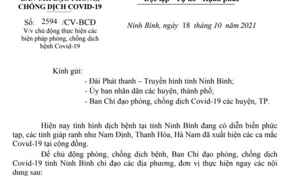 C&ocirc;ng văn ng&agrave;y 18/10/2021 về việc chủ động thực hiện c&aacute;c biện ph&aacute;p ph&ograve;ng, chống dịch  bệnh Covid-19