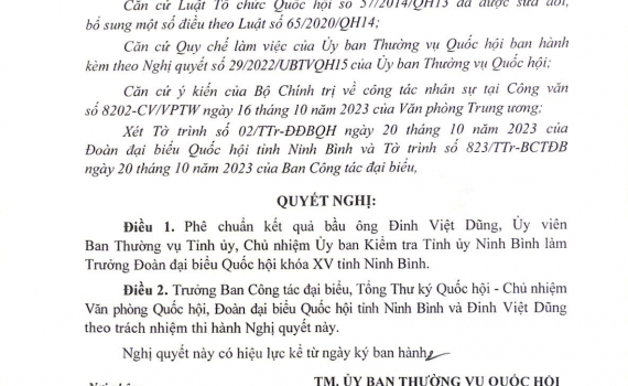 Ủy ban Thường vụ Quốc hội ph&ecirc; chuẩn kết quả bầu Trưởng Đo&agrave;n đại biểu Quốc hội tỉnh Ninh B&igrave;nh v&agrave; TP. Cần Thơ