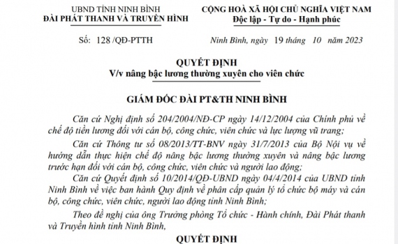 Quyết định về việc n&acirc;ng bậc lương thường xuy&ecirc;n cho b&agrave; Đinh Thị Hương
