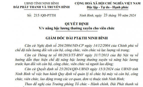 Quyết định về việc n&acirc;ng bậc lương thường xuy&ecirc;n cho vi&ecirc;n chức Đ&agrave;i PT&TH Ninh B&igrave;nh