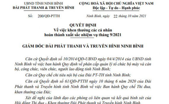 Quyết định về việc khen thưởng c&aacute; nh&acirc;n ho&agrave;n th&agrave;nh xuất sắc nhiệm vụ th&aacute;ng 9/2021