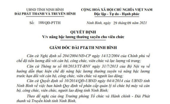 Quyết định n&acirc;ng bậc lương thường xuy&ecirc;n cho b&agrave; B&ugrave;i Thị V&acirc;n