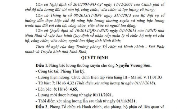 Quyết định n&acirc;ng bậc lương thường xuy&ecirc;n cho &ocirc;ng Nguyễn Vương Sơn