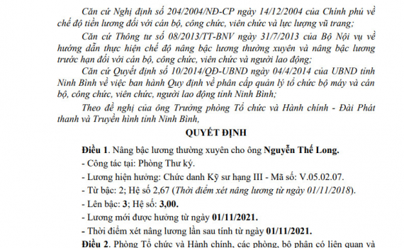 Quyết định n&acirc;ng bậc lương thường xuy&ecirc;n cho &ocirc;ng Nguyễn Thế Long