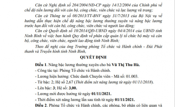 Quyết định n&acirc;ng bậc lương thường xuy&ecirc;n cho b&agrave; Vũ Thị Thu H&agrave;