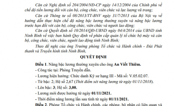Quyết định n&acirc;ng bậc lương thường xuy&ecirc;n cho &ocirc;ng An Viết Thi&ecirc;m