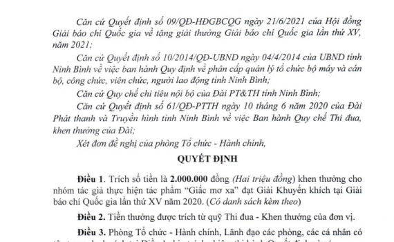 Quyết định về việc khen thưởng t&aacute;c phẩm đạt giải B&aacute;o ch&iacute; Quốc gia năm 2020