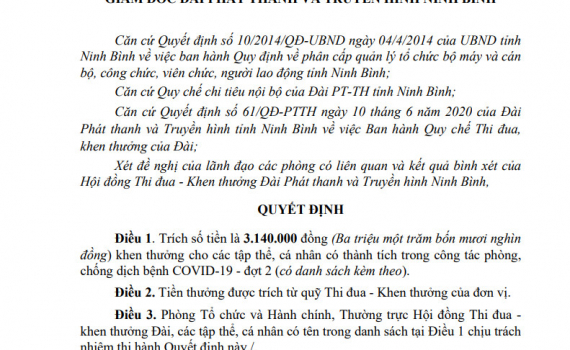 Quyết định về việc khen thưởng tập thể, c&aacute; nh&acirc;n c&oacute; th&agrave;nh t&iacute;ch trong c&ocirc;ng t&aacute;c ph&ograve;ng chống dịch Covid-19