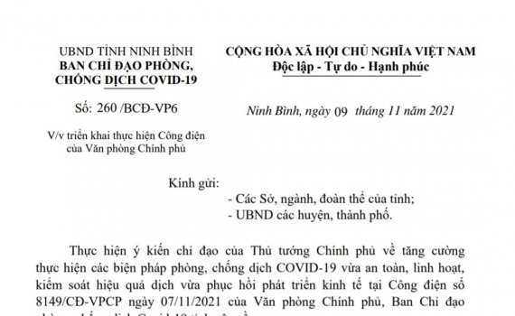 Ninh Bình triển khai thực hiện Công điện của Văn phòng Chính phủ về phòng, chống dịch Covid-19