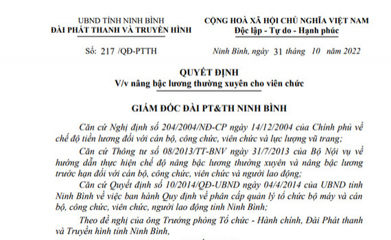Quyết định về việc n&acirc;ng bậc lương thường xuy&ecirc;n cho b&agrave; Trần Thị Thủy