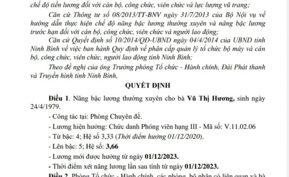 Quyết định về việc n&acirc;ng bậc lương thường xuy&ecirc;n cho b&agrave; Vũ Thị Hương