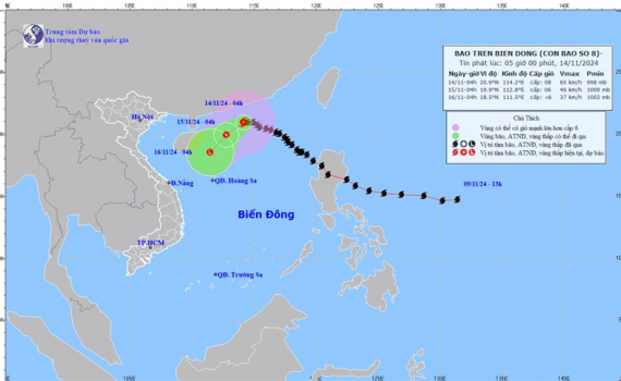 Thời tiết h&ocirc;m nay (14-11): B&atilde;o số 8 di chuyển theo hướng T&acirc;y, tốc độ khoảng 10 km/giờ