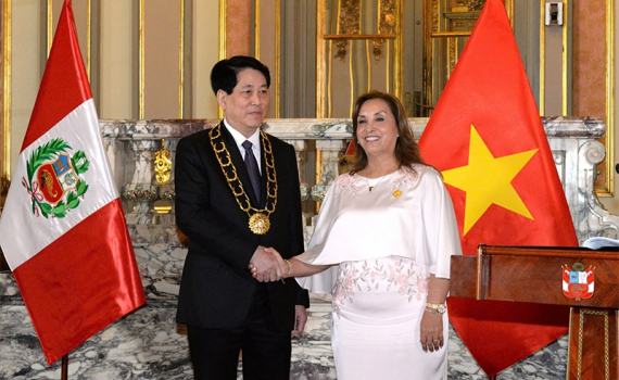 Chủ tịch nước Lương Cường hội đ&agrave;m với Tổng thống Cộng h&ograve;a Peru Dina Boluarte