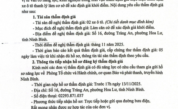 B&aacute;o v&agrave; Ph&aacute;t thanh, truyền h&igrave;nh Ninh B&igrave;nh mời tham gia thẩm định gi&aacute; xe &ocirc; t&ocirc; thanh l&yacute;