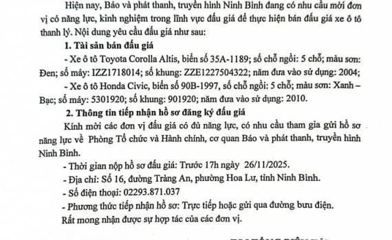 Th&ocirc;ng b&aacute;o: Mời đơn vị tham gia đấu gi&aacute; xe &ocirc; t&ocirc; thanh l&yacute;
