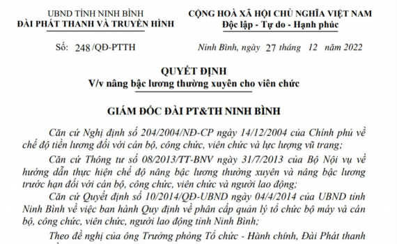 Quyết định về việc n&acirc;ng bậc lương thường xuy&ecirc;n cho b&agrave; Đặng Linh Nh&acirc;m