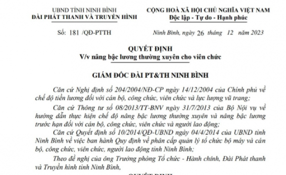 Quyết định về việc n&acirc;ng bậc lương thường xuy&ecirc;n cho vi&ecirc;n chức Đ&agrave;i PT&TH Ninh B&igrave;nh