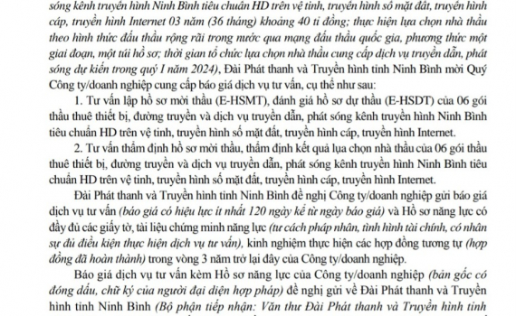 Đ&agrave;i PT&TH Ninh B&igrave;nh mời qu&yacute; c&ocirc;ng ty, doanh nghiệp cung cấp b&aacute;o gi&aacute; dịch vụ tư vấn đấu thầu