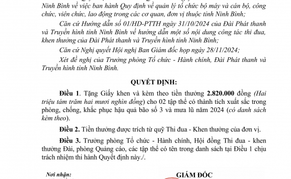 Quyết định về việc khen thưởng bổ sung tập thể c&oacute; th&agrave;nh t&iacute;ch trong ph&ograve;ng, chống, khắc phục hậu quả b&atilde;o số 3 v&agrave; mưa lũ năm 2024 của Đ&agrave;i PT&TH Ninh B&igrave;nh