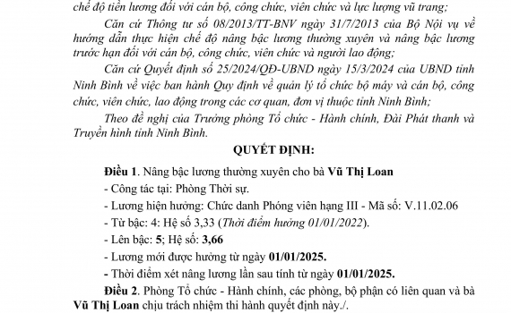 Quyết định về việc n&acirc;ng bậc lương thường xuy&ecirc;n cho b&agrave; Vũ Thị Loan