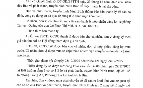 TH&Ocirc;NG B&Aacute;O: VỀ VIỆC B&Aacute;N T&Agrave;I SẢN CỐ ĐỊNH, C&Ocirc;NG CỤ DỤNG CỤ THANH L&Yacute;