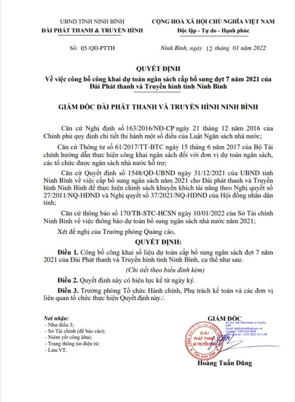 Quyết Định Về Việc Công Bố Công Khai Dự Toán Ngân Sách Cấp Bổ Sung Đợt 7  Năm 2021 Của Đài Pt-Th Ninh Bình - Đài Phát Thanh Và Truyền Hình Ninh Bình