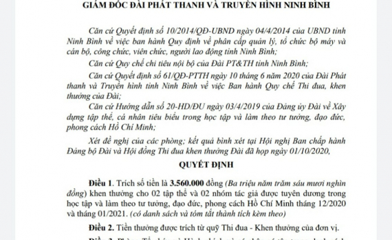 Quyết định khen thưởng c&aacute;c tập thể, nh&oacute;m t&aacute;c giả trong học tập v&agrave; l&agrave;m theo tư tưởng, đạo đức, phong c&aacute;ch Hồ Ch&iacute; Minh th&aacute;ng 12/2020 v&agrave; th&aacute;ng 01/2021