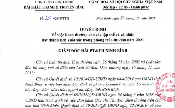 Quyết định về việc khen thưởng cho c&aacute;c tập thể, c&aacute; nh&acirc;n đạt th&agrave;nh t&iacute;ch xuất sắc trong phong tr&agrave;o thi đua năm 2021 của Đ&agrave;i PT&TH Ninh B&igrave;nh
