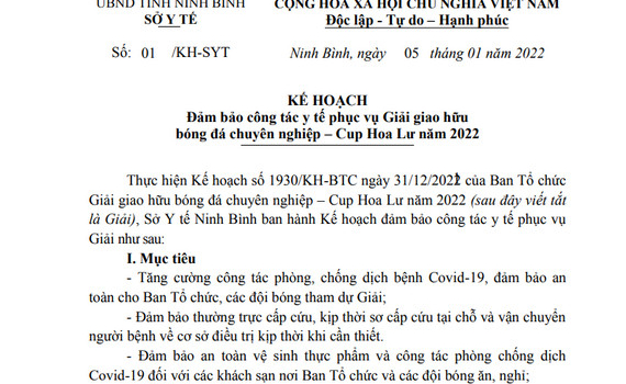 Kế hoạch đảm bảo c&ocirc;ng t&aacute;c y tế phục vụ Giải giao hữu b&oacute;ng đ&aacute; chuy&ecirc;n nghiệp &ndash; Cup Hoa Lư năm 2022