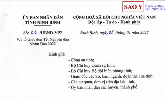 UBND tỉnh Ninh B&igrave;nh chỉ đạo về việc tổ chức đ&oacute;n Tết Nguy&ecirc;n đ&aacute;n Nh&acirc;m Dần 2022