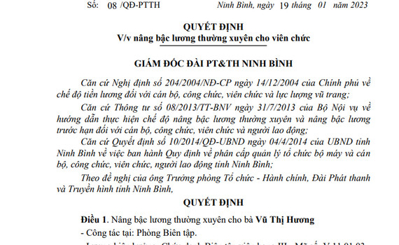 Quyết định về việc n&acirc;ng bậc lương thường xuy&ecirc;n cho b&agrave; Vũ Thị Hương