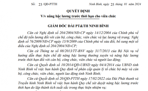 Quyết định về việc n&acirc;ng bậc lương thường xuy&ecirc;n, n&acirc;ng bậc lương trước thời hạn cho c&aacute;n bộ, vi&ecirc;n chức Đ&agrave;i PT&TH Ninh B&igrave;nh