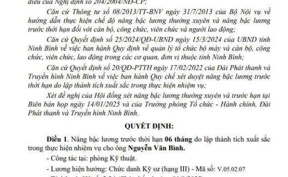 Quyết định về việc n&acirc;ng lương trước hạn cho vi&ecirc;n chức Đ&agrave;i PT&TH Ninh B&igrave;nh