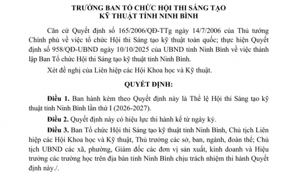 Ban h&agrave;nh Thể lệ Hội thi S&aacute;ng tạo kỹ thuật  tỉnh Ninh B&igrave;nh lần thứ I (2026-2027)