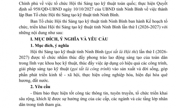 Tổ chức, triển khai Hội thi S&aacute;ng tạo kỹ thuật  tỉnh Ninh B&igrave;nh lần thứ I (2026-2027)