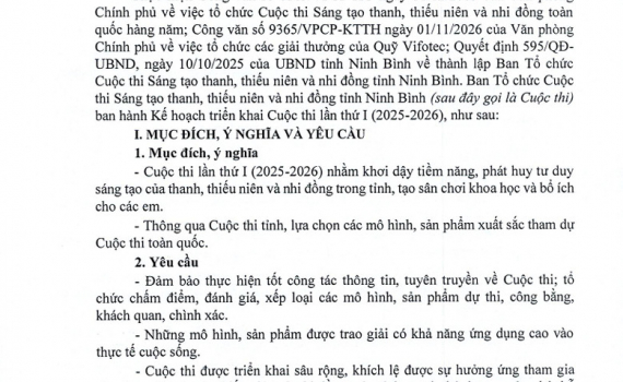 Tổ chức triển khai Cuộc thi S&aacute;ng tạo thanh, thiếu ni&ecirc;n v&agrave; nhi đồng tỉnh Ninh B&igrave;nh lần thứ I (2025-2026)