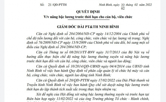 Quyết định về việc n&acirc;ng bậc lương trước thời hạn, n&acirc;ng bậc lương thường xuy&ecirc;n cho c&aacute;n bộ, vi&ecirc;n chức Đ&agrave;i PT&TH Ninh B&igrave;nh