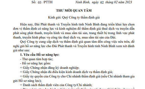 Thư mời quan t&acirc;m th&acirc;̉m định giá của Đ&agrave;i PT&TH Ninh B&igrave;nh