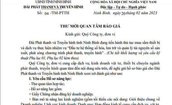Đ&agrave;i PT&TH Ninh B&igrave;nh: Thư mời quan t&acirc;m b&aacute;o gi&aacute;