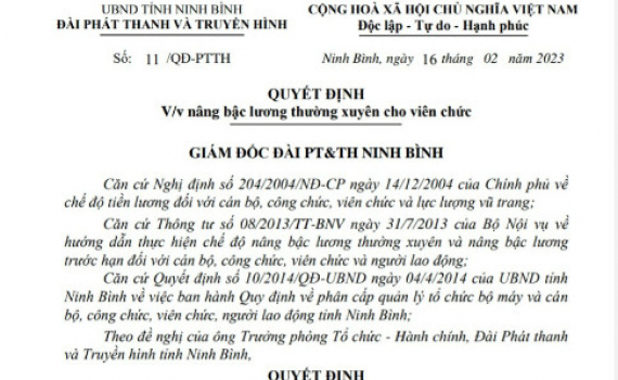 Quyết định về việc n&acirc;ng bậc lương thường xuy&ecirc;n cho &ocirc;ng Ho&agrave;ng Trung Ki&ecirc;n v&agrave; b&agrave; L&ecirc; Hải Phương