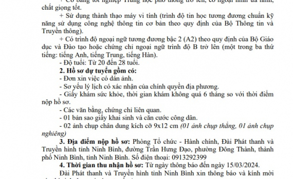 Đ&agrave;i Ph&aacute;t thanh v&agrave; Truyền h&igrave;nh Ninh B&igrave;nh th&ocirc;ng b&aacute;o tuyển dụng ph&aacute;t thanh vi&ecirc;n