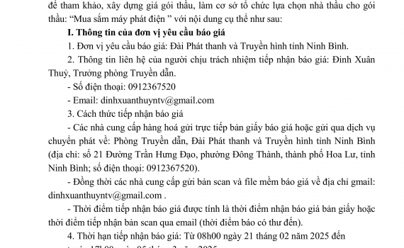 Đ&agrave;i PT&TH Ninh B&igrave;nh mời qu&yacute; c&ocirc;ng ty, doanh nghiệp b&aacute;o gi&aacute; m&aacute;y ph&aacute;t điện