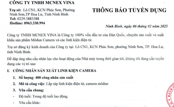 C&ocirc;ng ty TNHH MCNEX VINA th&ocirc;ng b&aacute;o tuyển dụng