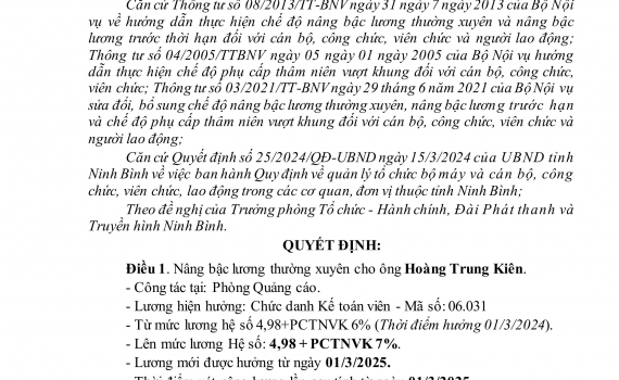 Quyết định về việc n&acirc;ng bậc lương thường xuy&ecirc;n cho &ocirc;ng Ho&agrave;ng Trung Ki&ecirc;n v&agrave; b&agrave; Đỗ Thị Thu H&agrave;