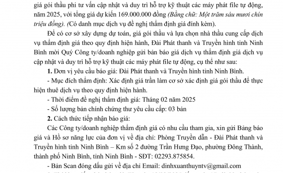 Đ&agrave;i PT&TH Ninh B&igrave;nh mời qu&yacute; c&ocirc;ng ty, doanh nghiệp gửi bản b&aacute;o gi&aacute; v&agrave; thẩm định gi&aacute;