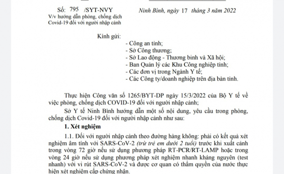 Sở Y tế Ninh B&igrave;nh hướng dẫn ph&ograve;ng, chống dịch Covid-19 đối với người nhập cảnh