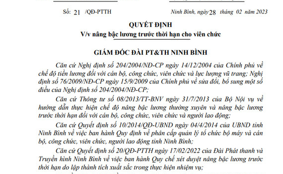 Quyết định về việc n&acirc;ng bậc lương trước thời hạn cho c&aacute;n bộ, vi&ecirc;n chức Đ&agrave;i PT&TH Ninh B&igrave;nh