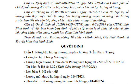 Quyết định về việc n&acirc;ng bậc lương thường xuy&ecirc;n cho vi&ecirc;n chức Đ&agrave;i PT&TH Ninh B&igrave;nh