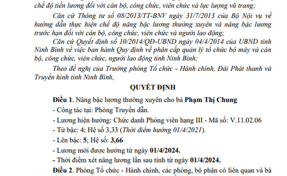 Quyết định về việc n&acirc;ng bậc lương thường xuy&ecirc;n cho vi&ecirc;n chức Đ&agrave;i PT&TH Ninh B&igrave;nh