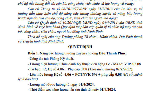 Quyết định về việc n&acirc;ng bậc lương thường xuy&ecirc;n cho vi&ecirc;n chức Đ&agrave;i PT&TH Ninh B&igrave;nh